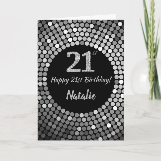 Happy 21st Birthday Black and Silver Glitter Card Karte (Vorderseite)
