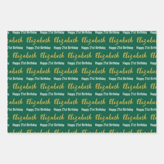 Happy 21st Birthday Gold Name Hunter Green White Geschenkpapier Set (Vorderseite)