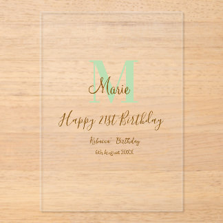 Happy 21st Birthday green add name monogram brown Acryleinladungen