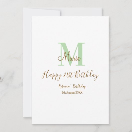 Happy 21st Birthday green add name monogram brown Einladung (Vorderseite)