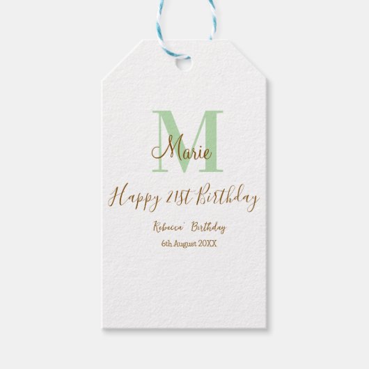 Happy 21st Birthday green add name monogram brown Geschenkanhänger (Vorderseite)