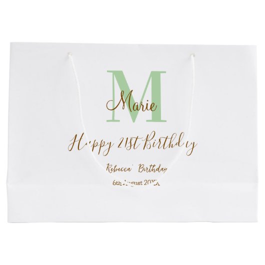 Happy 21st Birthday green add name monogram brown Große Geschenktüte (Rückseite)