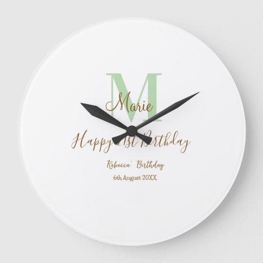 Happy 21st Birthday green add name monogram brown Große Wanduhr (Vorderseite)