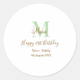 Happy 21st Birthday green add name monogram brown  Runder Aufkleber