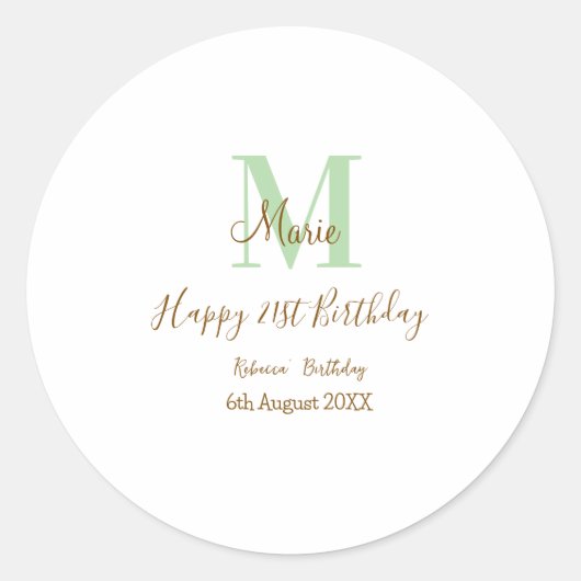 Happy 21st Birthday green add name monogram brown  Runder Aufkleber (Vorderseite)