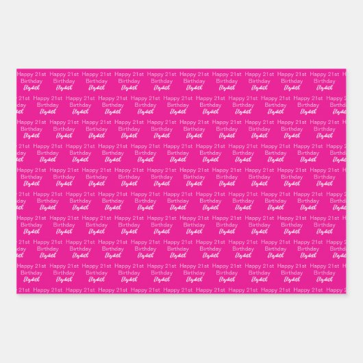 Happy 21st Birthday Script Name Hot Pink and White Geschenkpapier Set (Vorderseite)