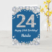 Happy 24. Geburtstag Blue and Silver Glitzer Card Karte (Gelbe Blume)