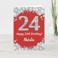 Happy 24. Geburtstagskarte Rot und Silber Glitzer 