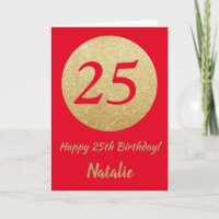 Happy 25. Geburtstagskarte Rot und Gold Glitzer