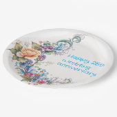 Happy 25. Wedding Script, Yellow Pink Wreath Pappteller (Schrägansicht)