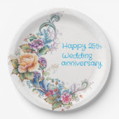 Happy 25. Wedding Script, Yellow Pink Wreath Pappteller (Vorderseite)