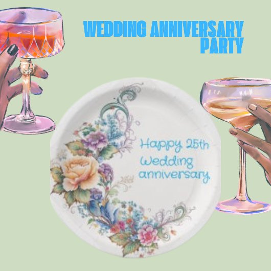 Happy 25. Wedding Script, Yellow Pink Wreath Pappteller