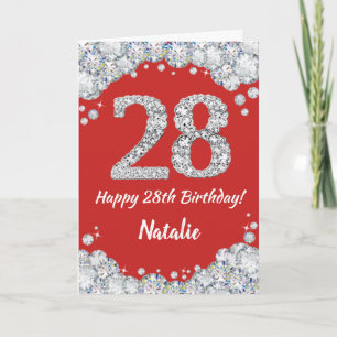 Happy 28. Geburtstagskarte Rot und Silber Glitzer Karte