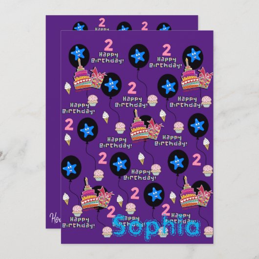 Happy 2. Geburtstag Einladung #2 Lila (Vorne/Hinten)
