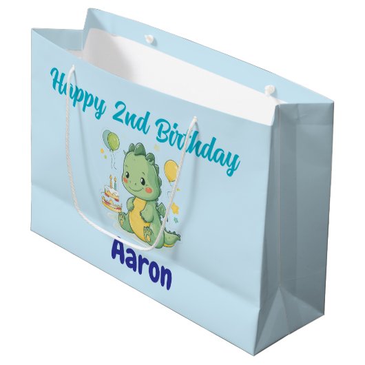 Happy 2nd Birthday, Cute Dragon, Personalized Große Geschenktüte (Vorderseite Schrägansicht)