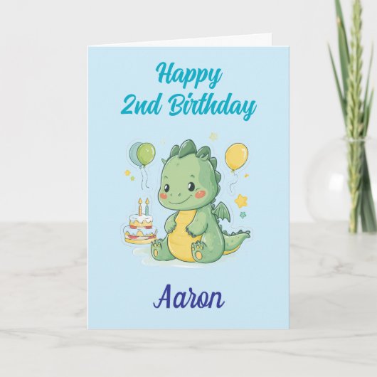 Happy 2nd Birthday, Cute Dragon, Personalized Karte (Vorderseite)