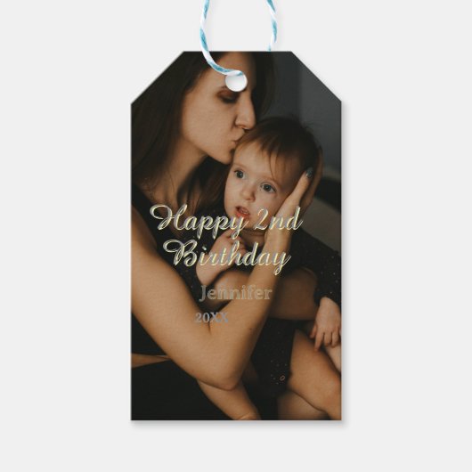 Happy 2nd birthday kids baby mother yellow gray na geschenkanhänger (Vorderseite)