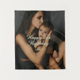 Happy 2nd birthday kids baby mother yellow gray na wandteppich