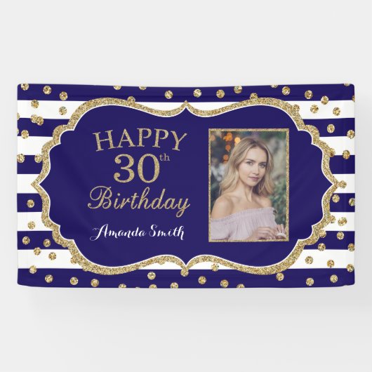 Happy 30. Geburtstag Banner Navy Blue Gold Foto (Horizontal)
