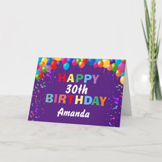 Happy 30. Geburtstag Bunte Balloons Lila Karte (Vorderseite)