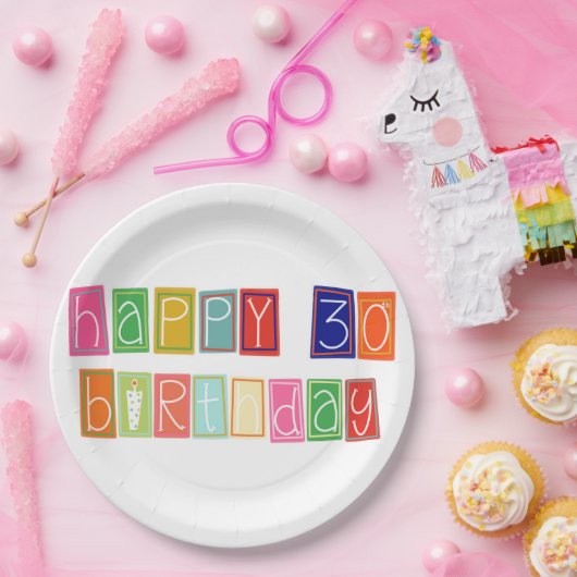 Happy 30. Geburtstag Farbige Blockschrift Pappteller (Party)