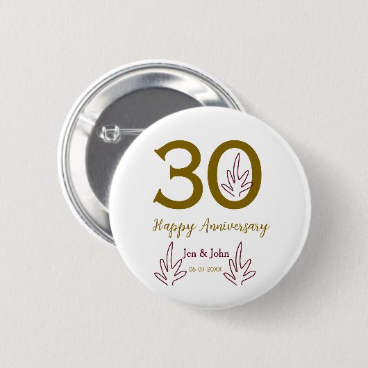 Happy 30th anniversary name date golden red leaf button (Vorne & Hinten)