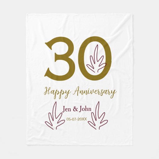 Happy 30th anniversary name date golden red leaf fleecedecke (Vorderseite)