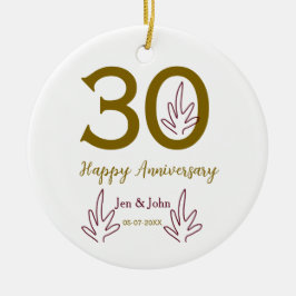 Happy 30th anniversary name date golden red leaf keramik ornament