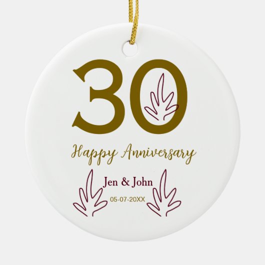 Happy 30th anniversary name date golden red leaf keramik ornament (Vorne)