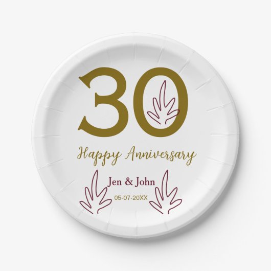 Happy 30th anniversary name date golden red leaf pappteller (Vorderseite)