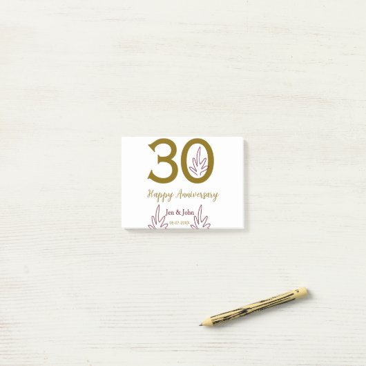Happy 30th anniversary name date golden red leaf post-it klebezettel (Auf Schreibtisch)