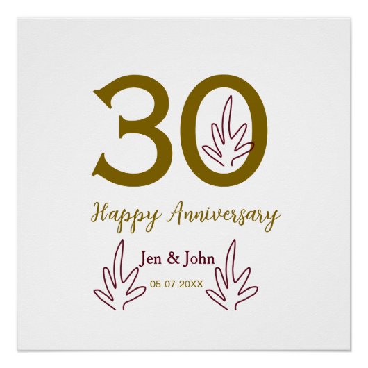Happy 30th anniversary name date golden red leaf poster (Vorderseite)