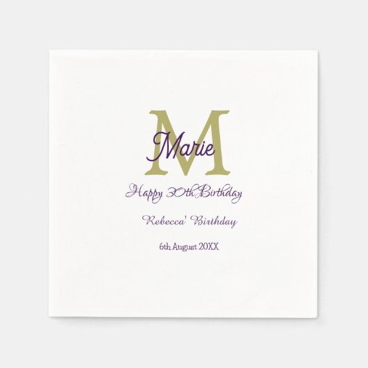 Happy 30th Birthday goldenadd name monogram modern Serviette (Vorderseite)