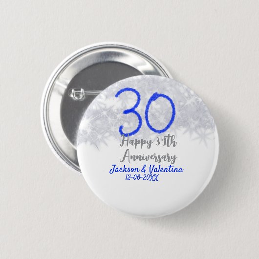 Happy 30th wedding anniversary silver blue glitter button (Vorne & Hinten)