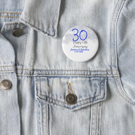 Happy 30th wedding anniversary silver blue glitter button (Beispiel)
