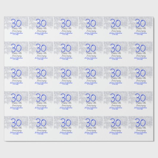 Happy 30th wedding anniversary silver blue glitter geschenkpapier (Flach)
