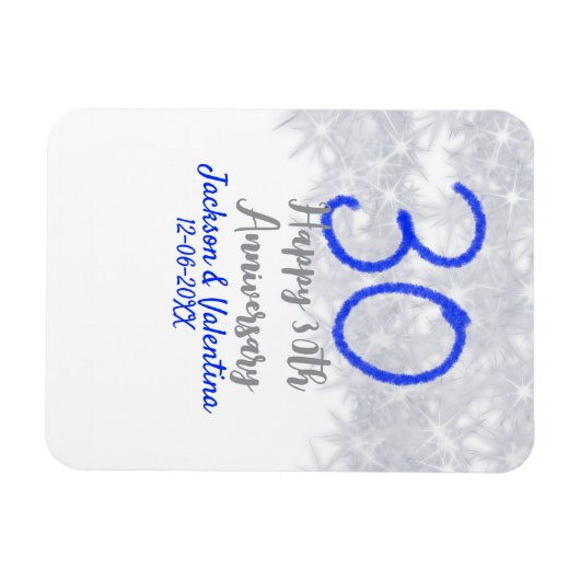 Happy 30th wedding anniversary silver blue glitter magnet (Horizontal)