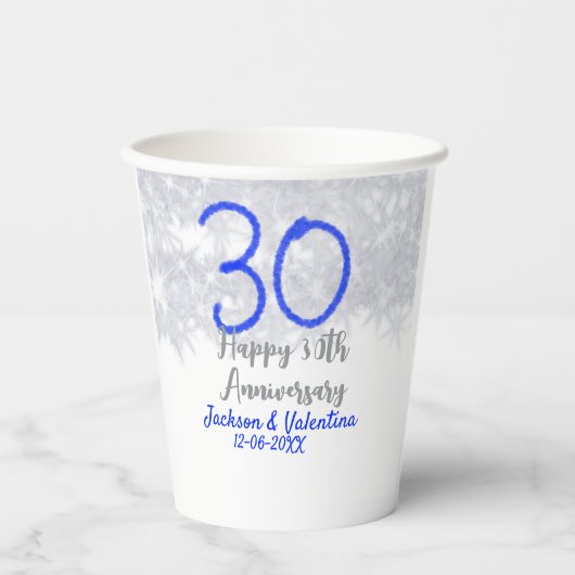 Happy 30th wedding anniversary silver blue glitter pappbecher (Vorderseite)