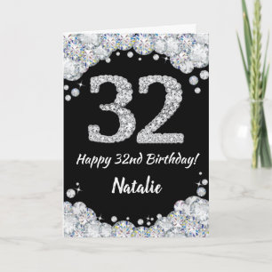 Happy 32. Geburtstagskarte Schwarz und Silber Glit Karte