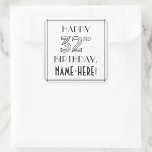 HAPPY 32ND BIRTHDAY, Art Deco Style, Custom Name Quadratischer Aufkleber