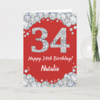 Happy 34. Geburtstagskarte Rot und Silber Glitzer