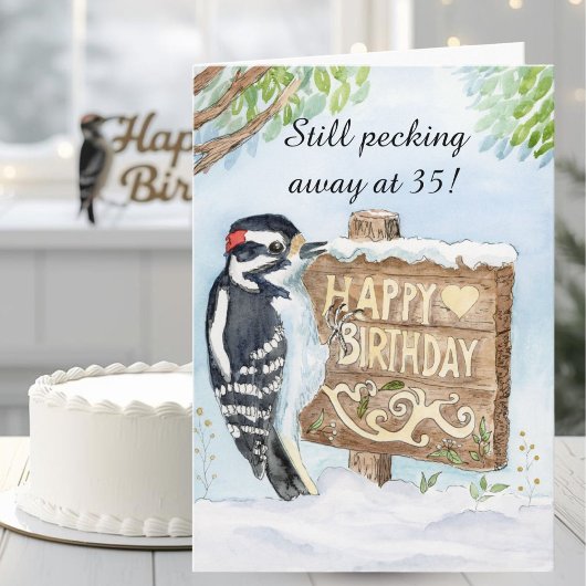 Happy 35th Birthday Downy Woodpecker Karte