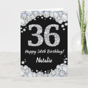Happy 36. Geburtstagskarte Schwarz/Silber Glitzer  Karte