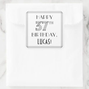 HAPPY 37TH BIRTHDAY, Art Deco Style, Custom Name Quadratischer Aufkleber