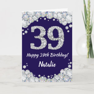 Happy 39. Geburtstag Navy Blue und Silver Glitzer Karte