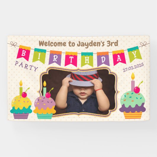 Happy 3. Geburtstag farbenfrohe Cupcakes Foto Banner (Horizontal)