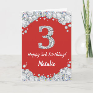 Happy 3. Geburtstagskarte Rot und Silberer Glitzer Karte