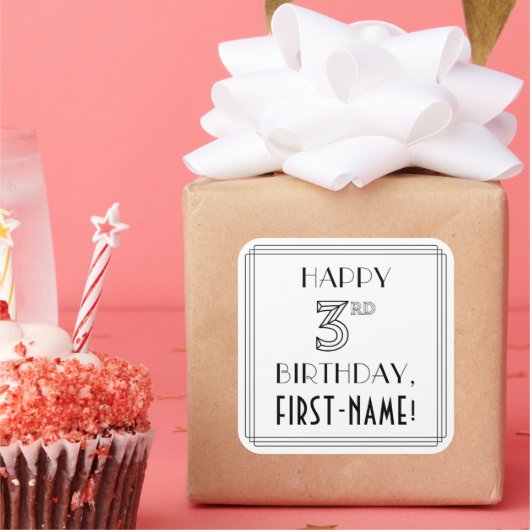 HAPPY 3RD BIRTHDAY, Art Deco Style, Custom Name Quadratischer Aufkleber (Party)