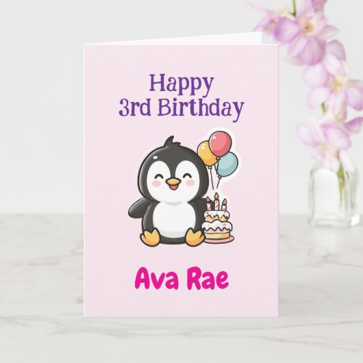 Happy 3rd Birthday, Cute Penguin, Personalized  Karte (Orchidee)