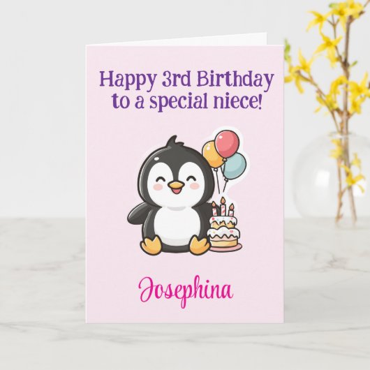 Happy 3rd Birthday Niece, Penguin, Personalized Karte (Gelbe Blume)